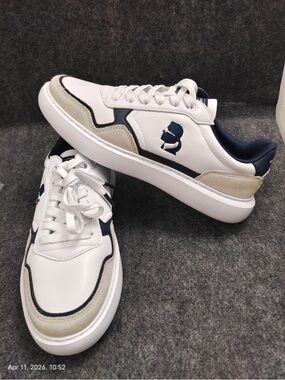 Karl Lagerfeld White Navy and Beige Low-Top Sneakers